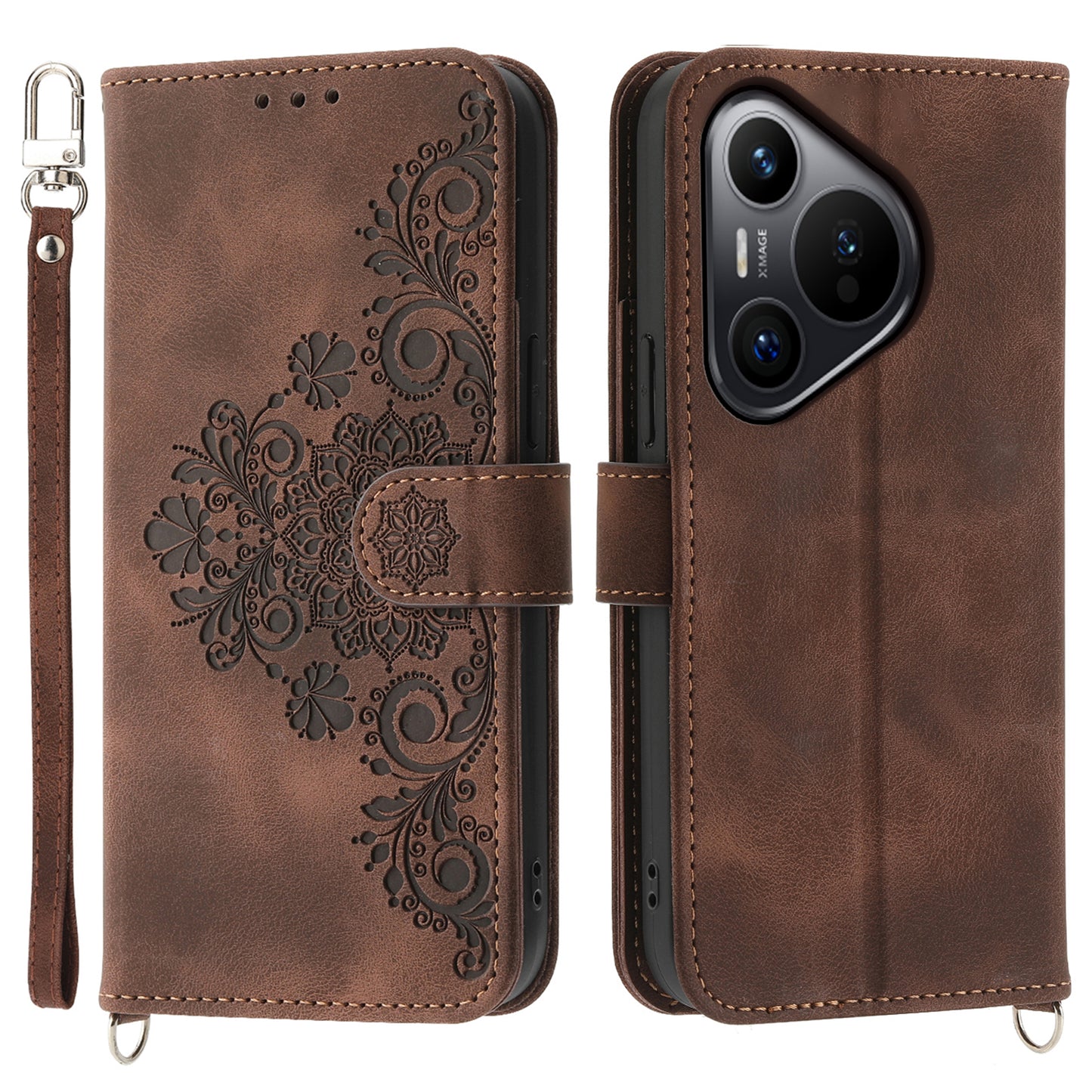 For Huawei Pura 70 Case Wallet Flower Pattern PU Leather Phone Cover with Crossbody Strap - Brown