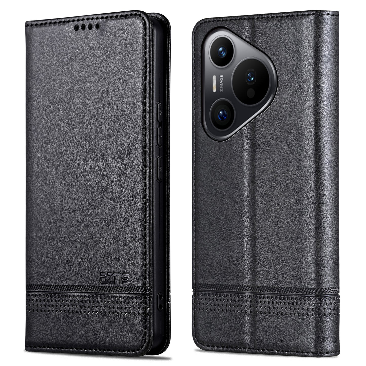 AZNS For Huawei Pura 70 Wallet Case PU Leather Magnetic Shock Absorbing Phone Cover - Black
