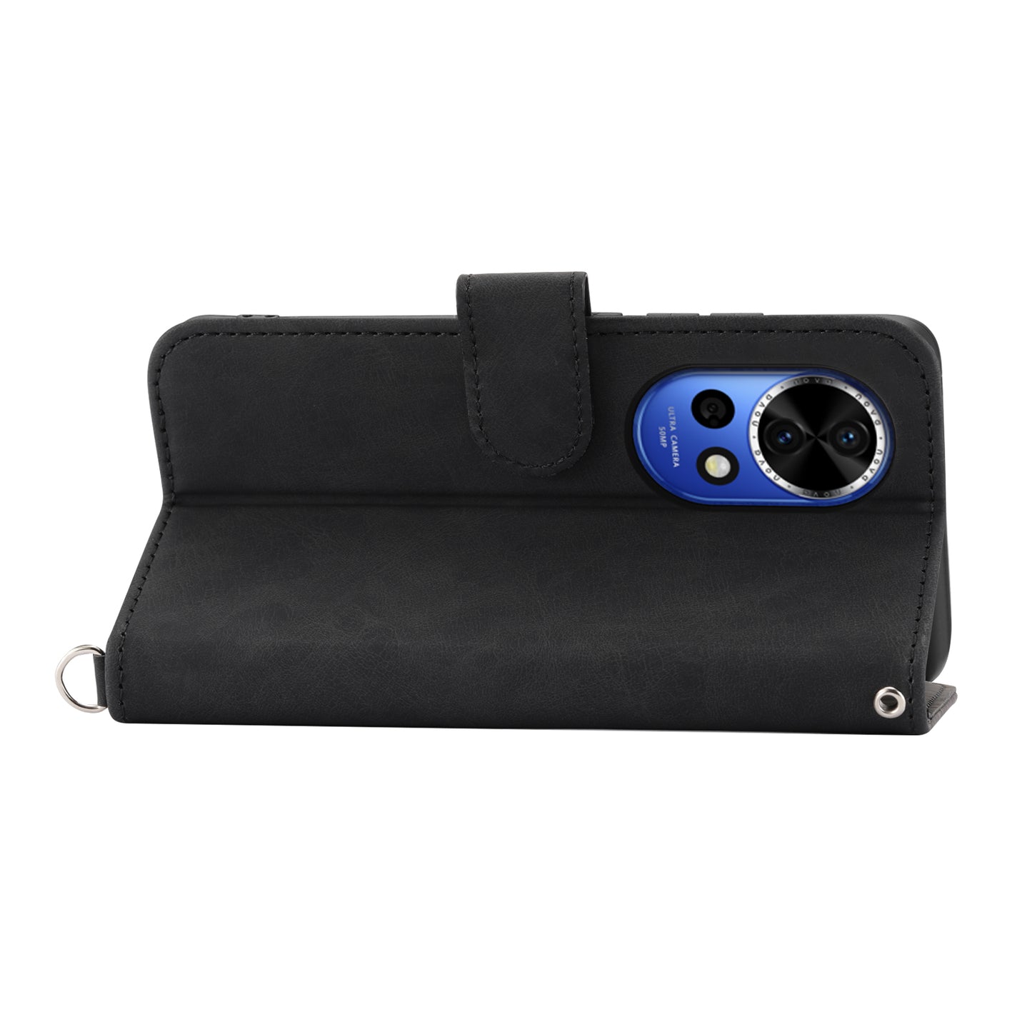 For Huawei nova 12 5G Leather Case Multiple Card Slots Phone Cover with 2 Straps - Black