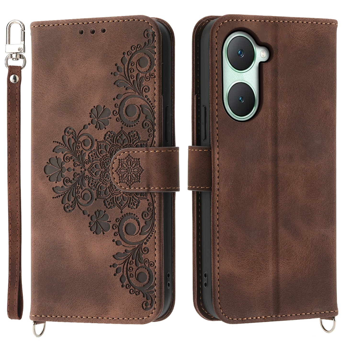 For vivo Y03 Crossbody Phone Case Card Slots Wallet PU Leather Cover Flower Pattern - Brown