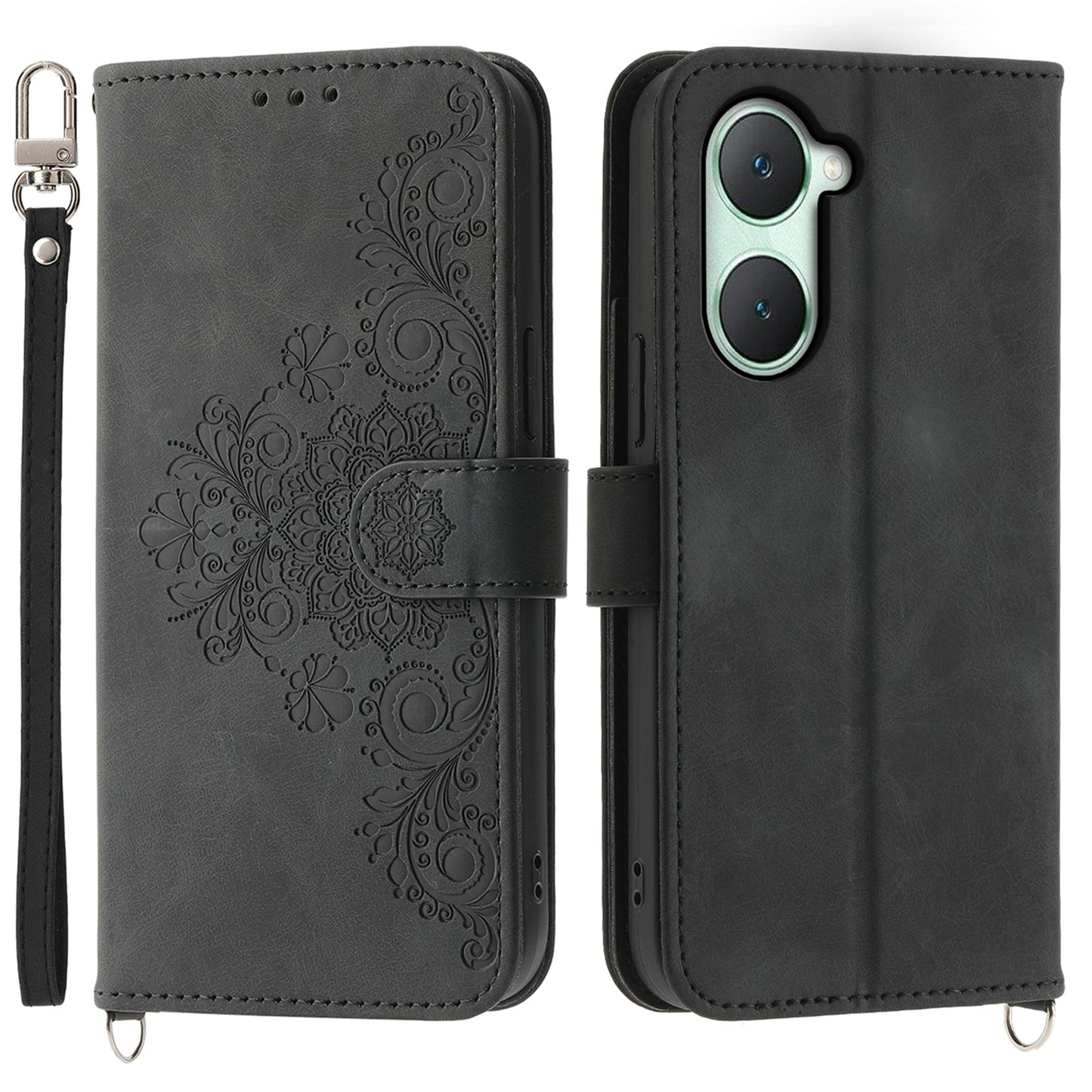 For vivo Y03 Crossbody Phone Case Card Slots Wallet PU Leather Cover Flower Pattern - Black