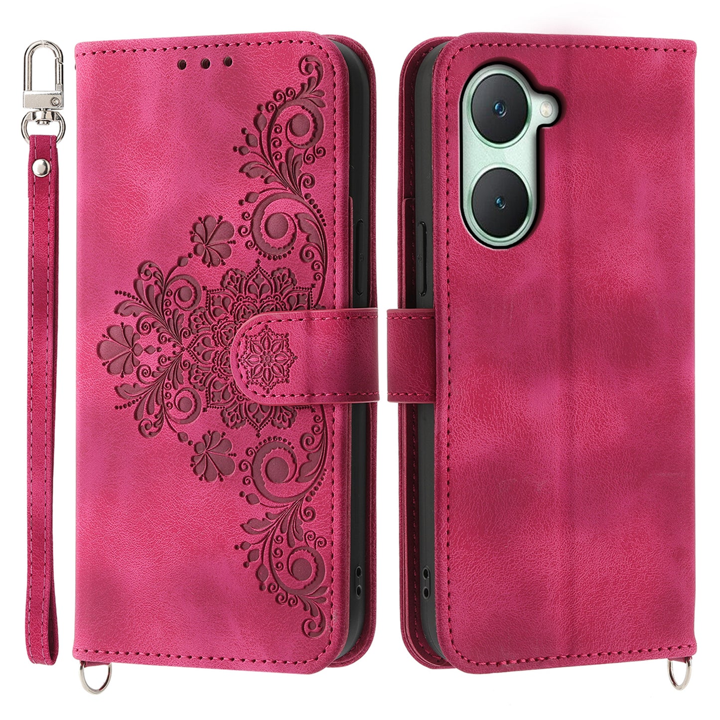 For vivo Y03 Crossbody Phone Case Card Slots Wallet PU Leather Cover Flower Pattern - Wine Red