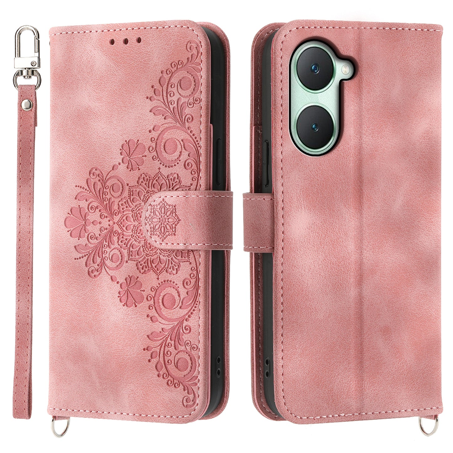 For vivo Y03 Crossbody Phone Case Card Slots Wallet PU Leather Cover Flower Pattern - Pink