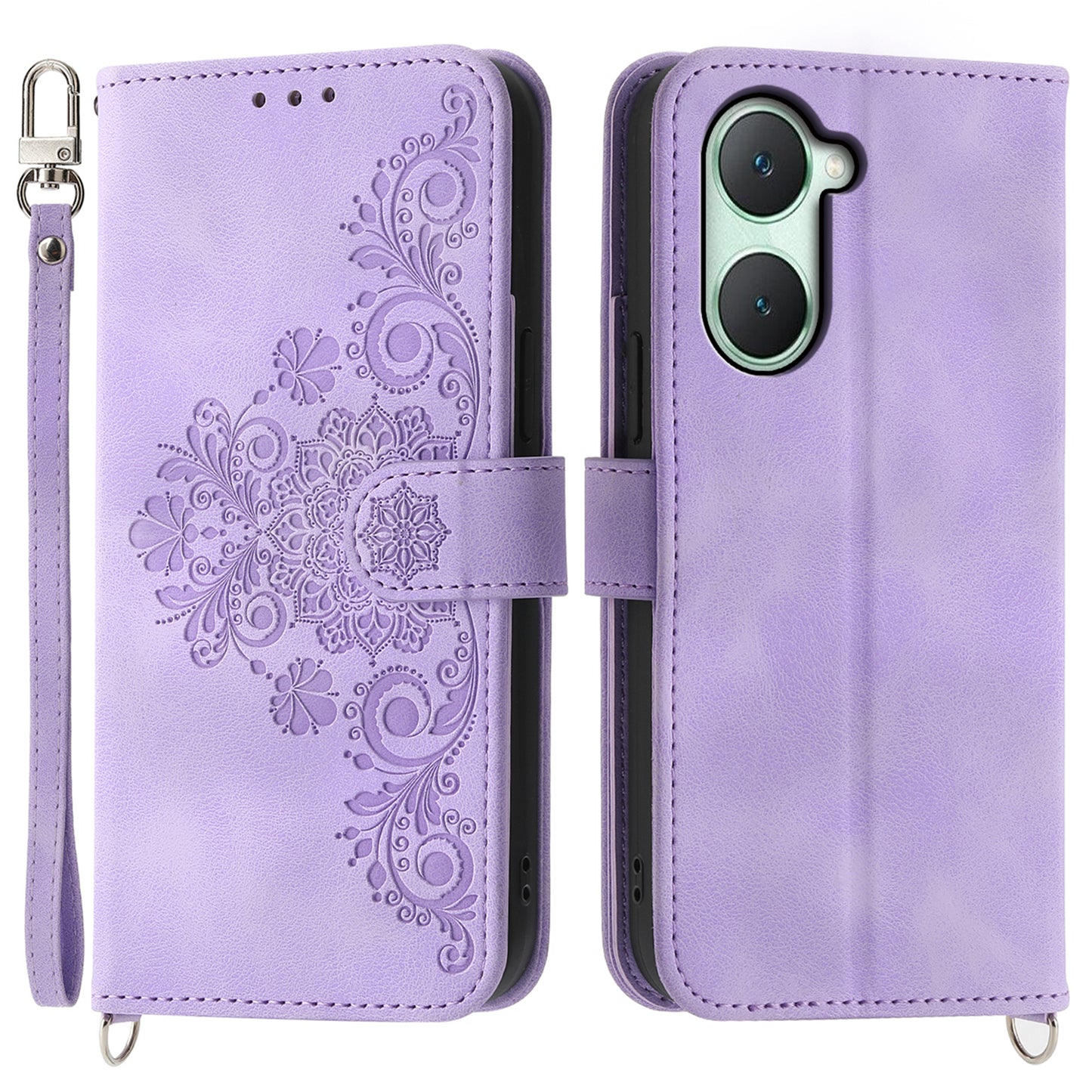 For vivo Y03 Crossbody Phone Case Card Slots Wallet PU Leather Cover Flower Pattern - Light Purple