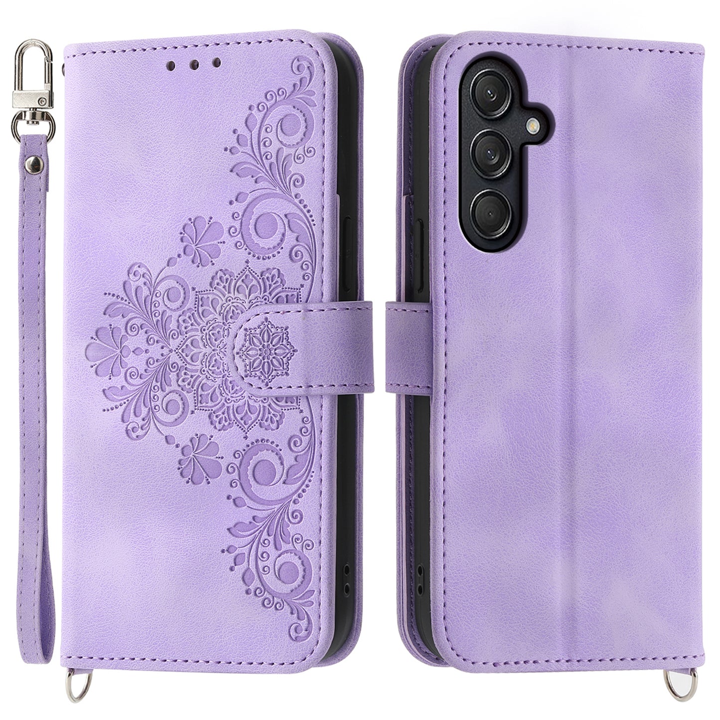 For Samsung Galaxy M55 5G Case Card Slots Wallet Leather Phone Cover with 2 Straps - Light Purple