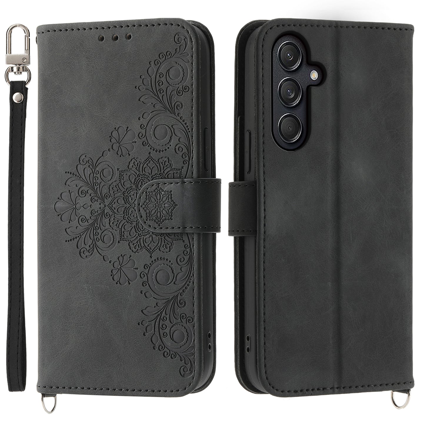 For Samsung Galaxy M55 5G Case Card Slots Wallet Leather Phone Cover with 2 Straps - Black