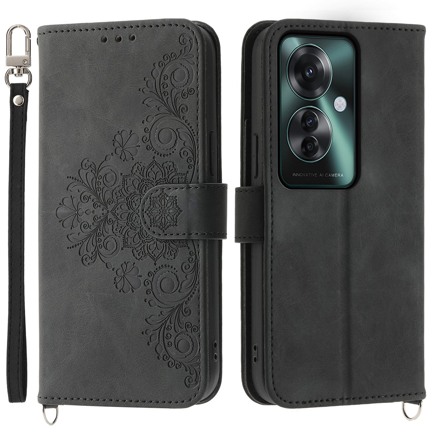 For Oppo Reno11 F 5G Wallet Case Card Slots PU Leather Phone Cover Flower Imprinted - Black