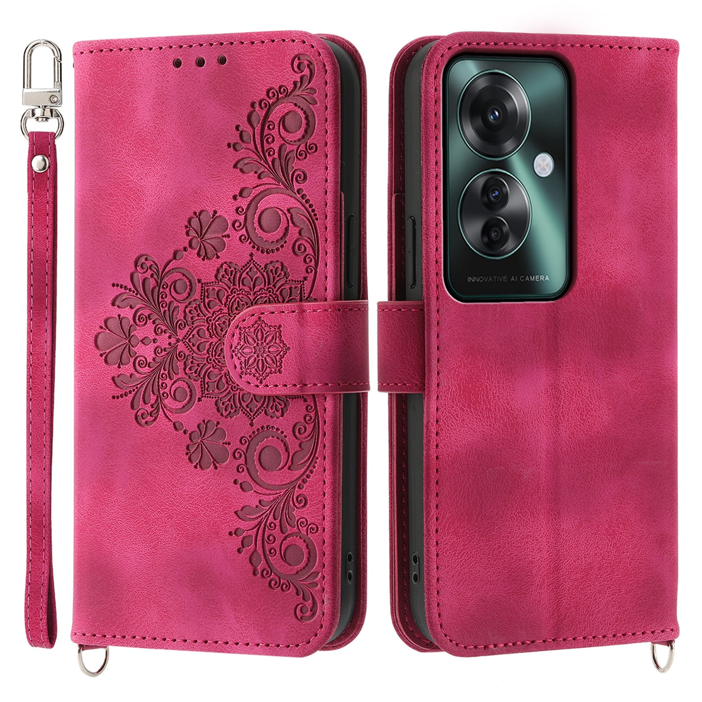 For Oppo Reno11 F 5G Wallet Case Card Slots PU Leather Phone Cover Flower Imprinted - Wine Red