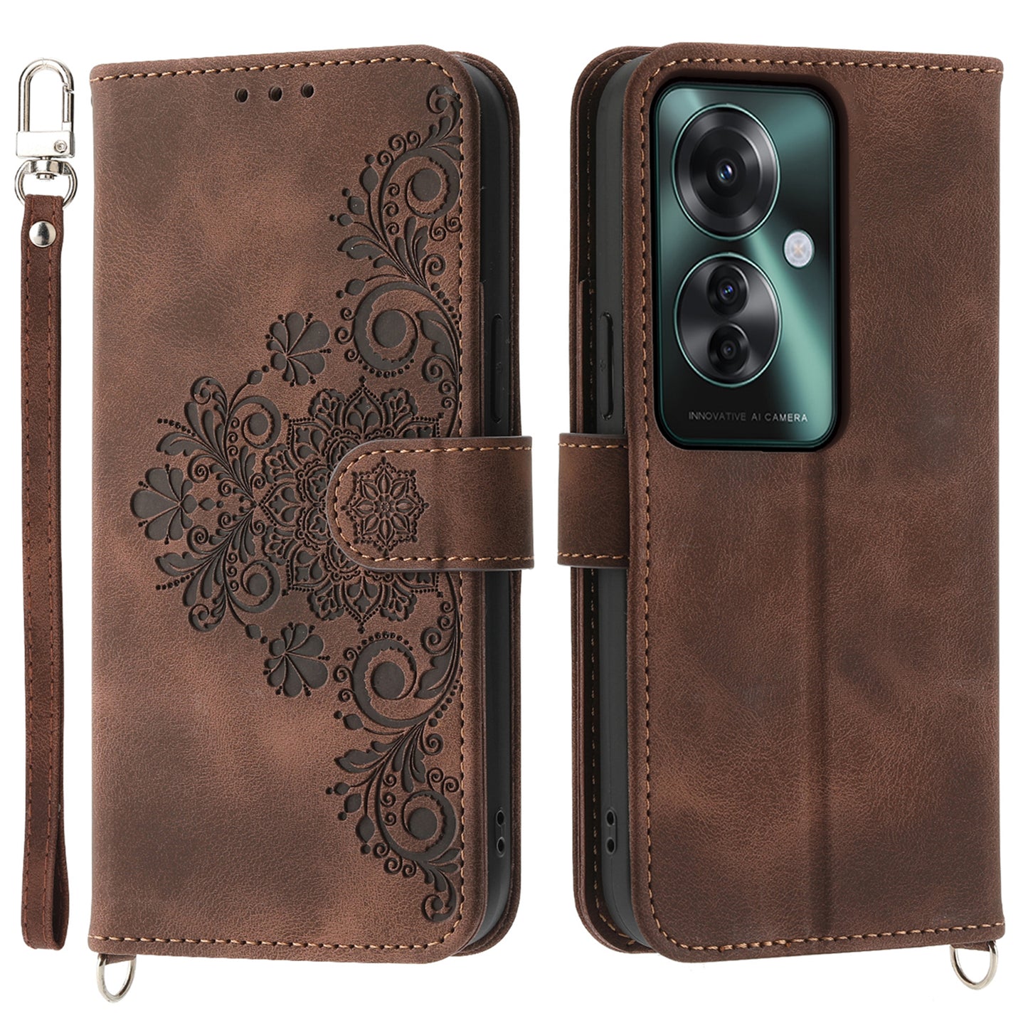 For Oppo Reno11 F 5G Wallet Case Card Slots PU Leather Phone Cover Flower Imprinted - Brown