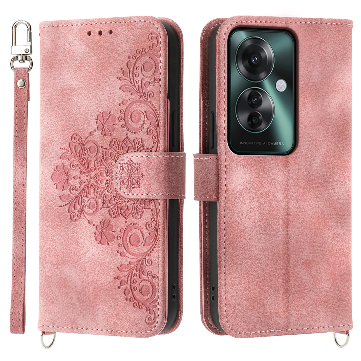 For Oppo Reno11 F 5G Wallet Case Card Slots PU Leather Phone Cover Flower Imprinted - Pink
