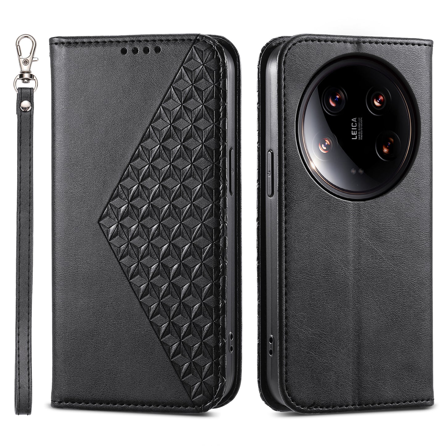 For Xiaomi 14 Ultra Case PU Leather Rhombus Imprinted Pattern Wallet Phone Cover - Black