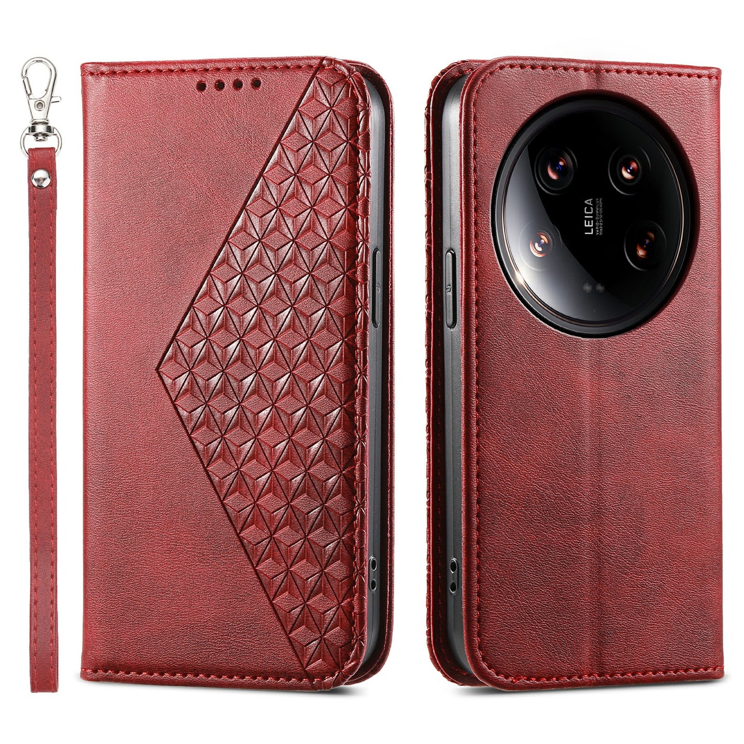 For Xiaomi 14 Ultra Case PU Leather Rhombus Imprinted Pattern Wallet Phone Cover - Red