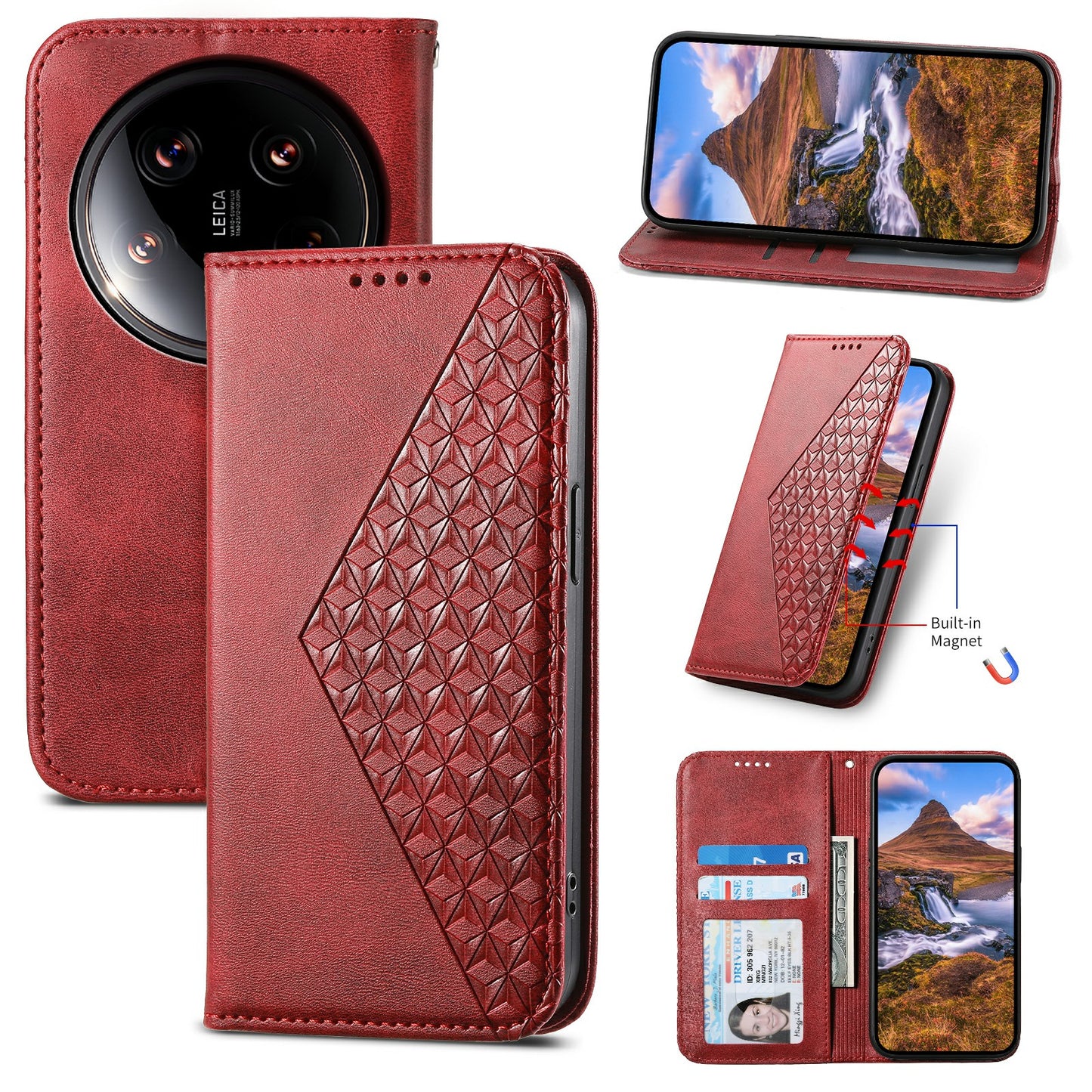 For Xiaomi 14 Ultra Case PU Leather Rhombus Imprinted Pattern Wallet Phone Cover - Red