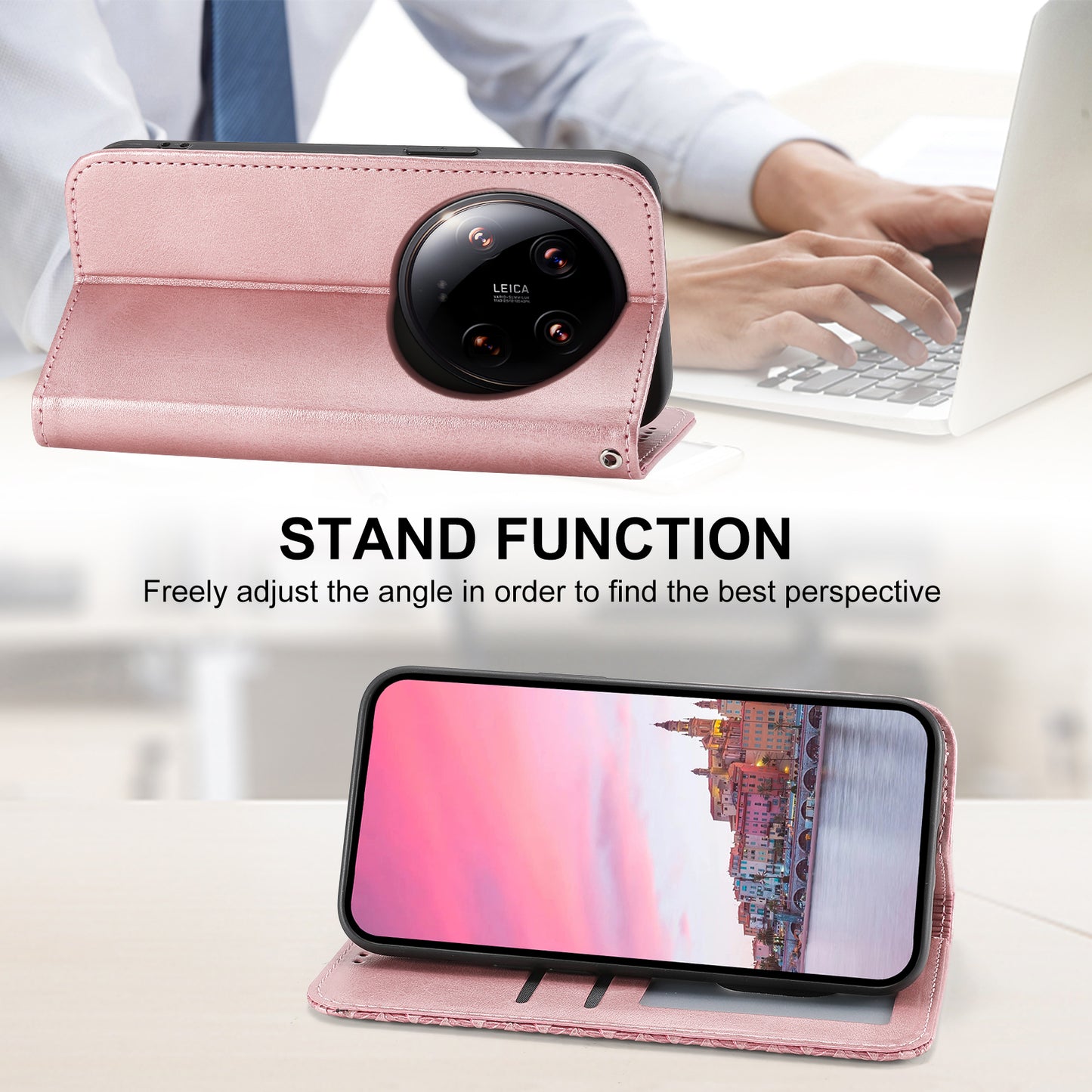 For Xiaomi 14 Ultra Case PU Leather Rhombus Imprinted Pattern Wallet Phone Cover - Rose Gold