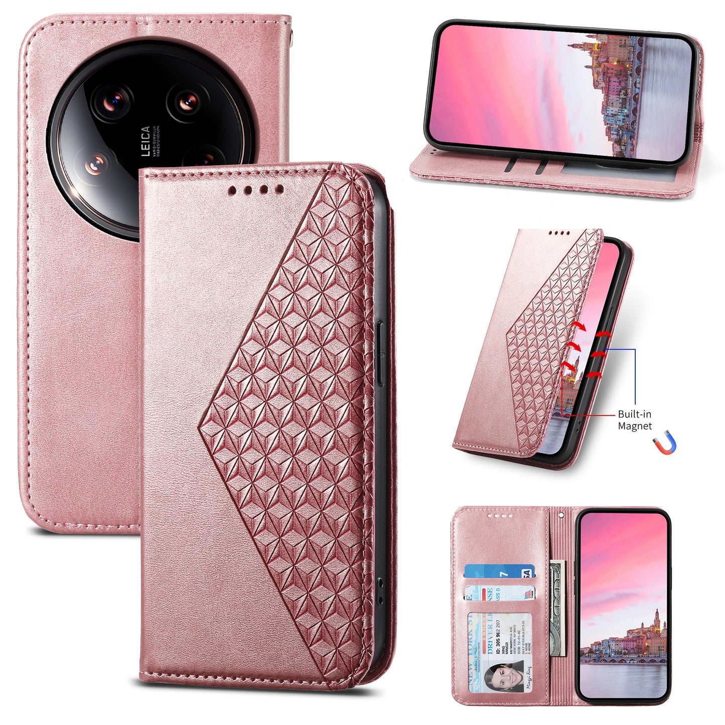 For Xiaomi 14 Ultra Case PU Leather Rhombus Imprinted Pattern Wallet Phone Cover - Rose Gold