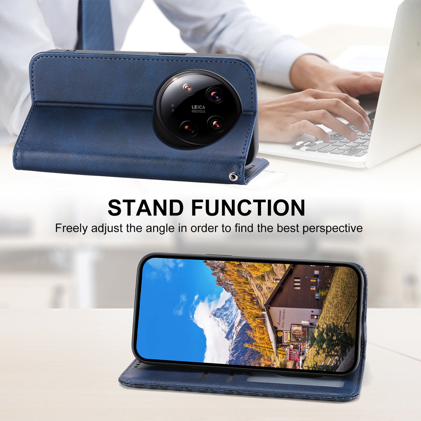 For Xiaomi 14 Ultra Case PU Leather Rhombus Imprinted Pattern Wallet Phone Cover - Blue