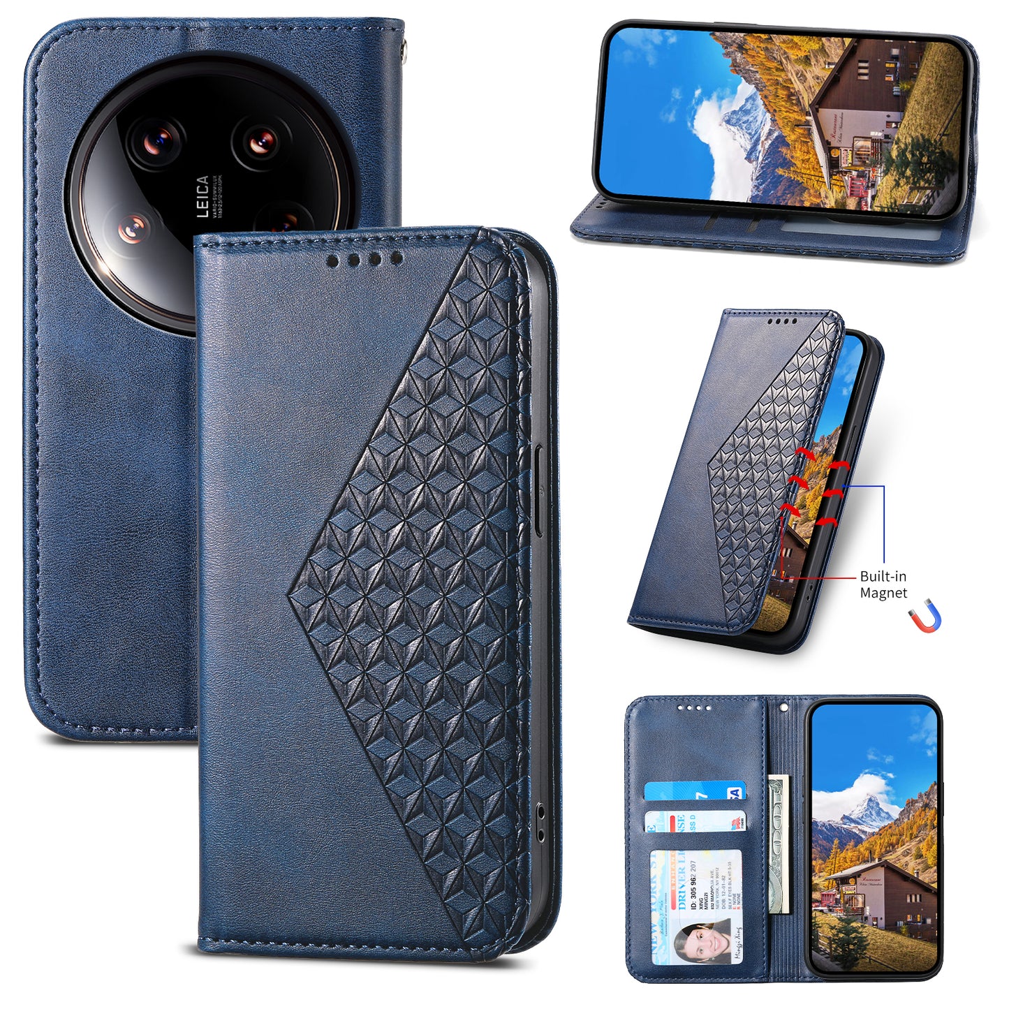 For Xiaomi 14 Ultra Case PU Leather Rhombus Imprinted Pattern Wallet Phone Cover - Blue