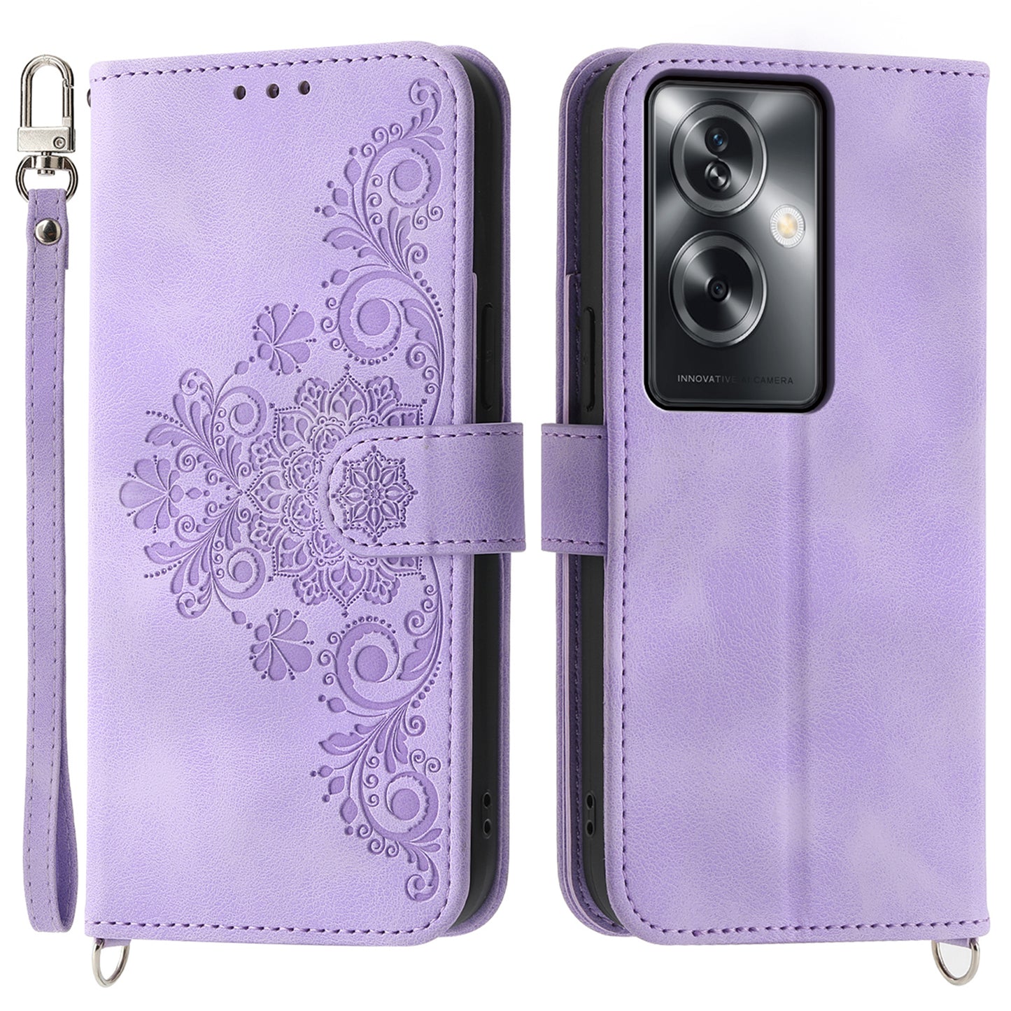 For Oppo A2 5G Wallet Case Flower Pattern PU Leather Wallet Phone Cover with Shoulder Strap - Light Purple