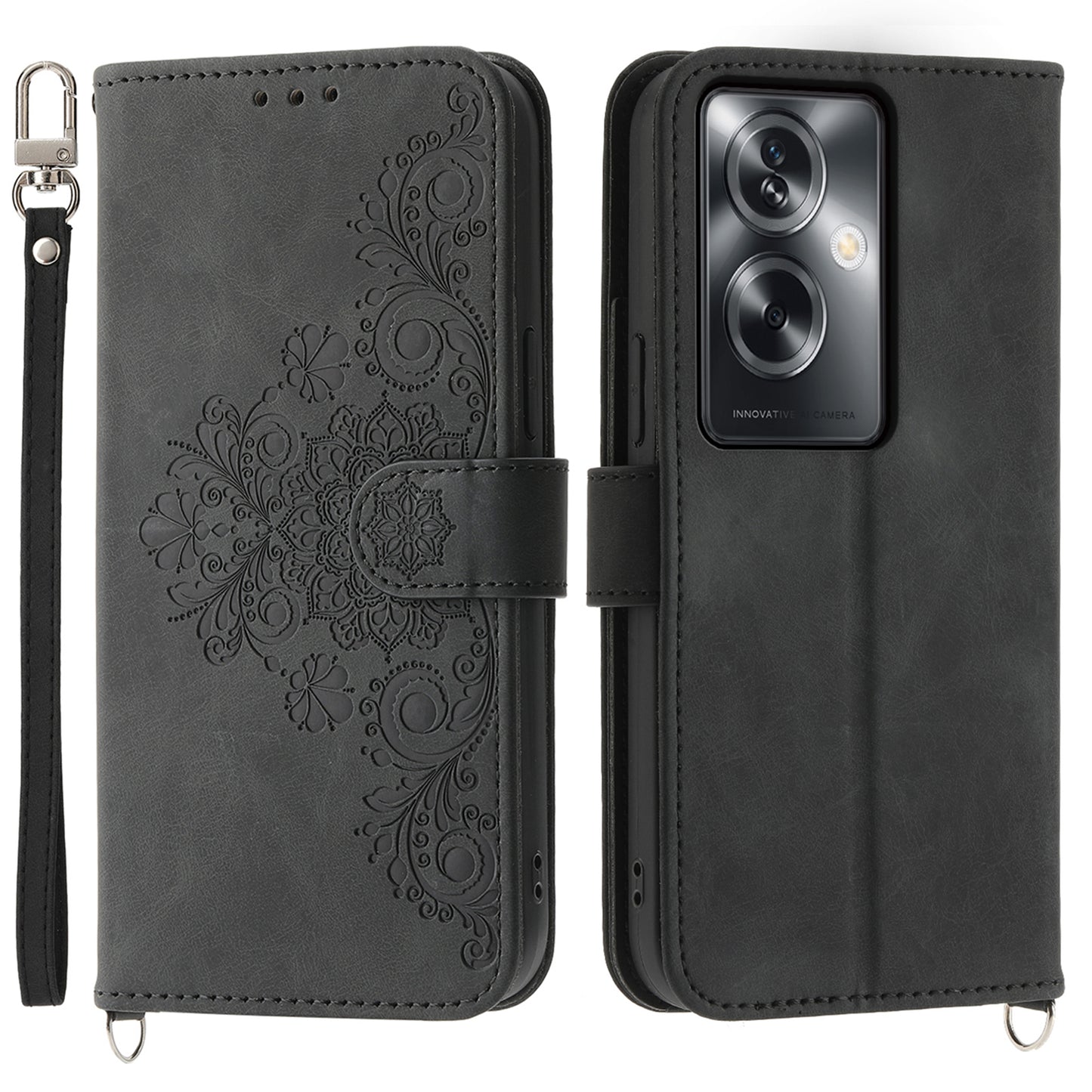 For Oppo A2 5G Wallet Case Flower Pattern PU Leather Wallet Phone Cover with Shoulder Strap - Black