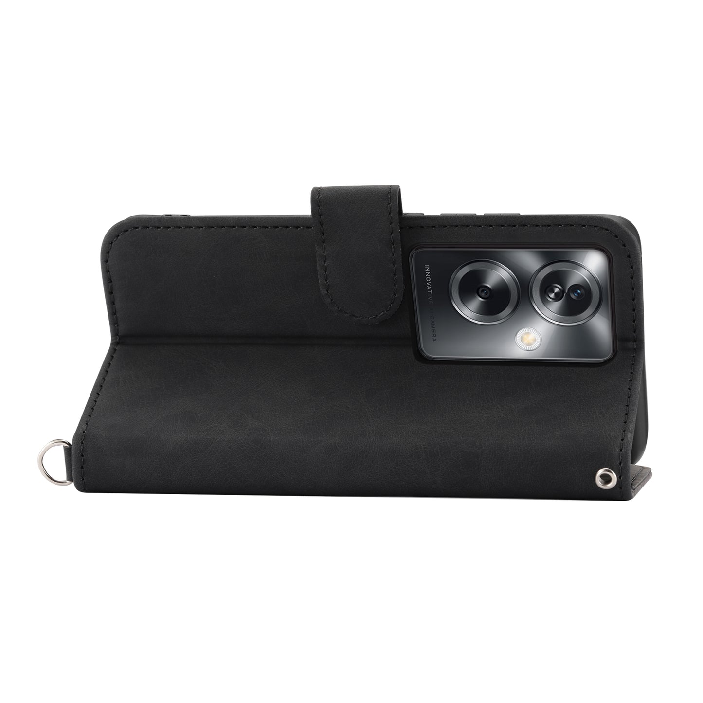 For Oppo A2 5G Wallet Case Flower Pattern PU Leather Wallet Phone Cover with Shoulder Strap - Black