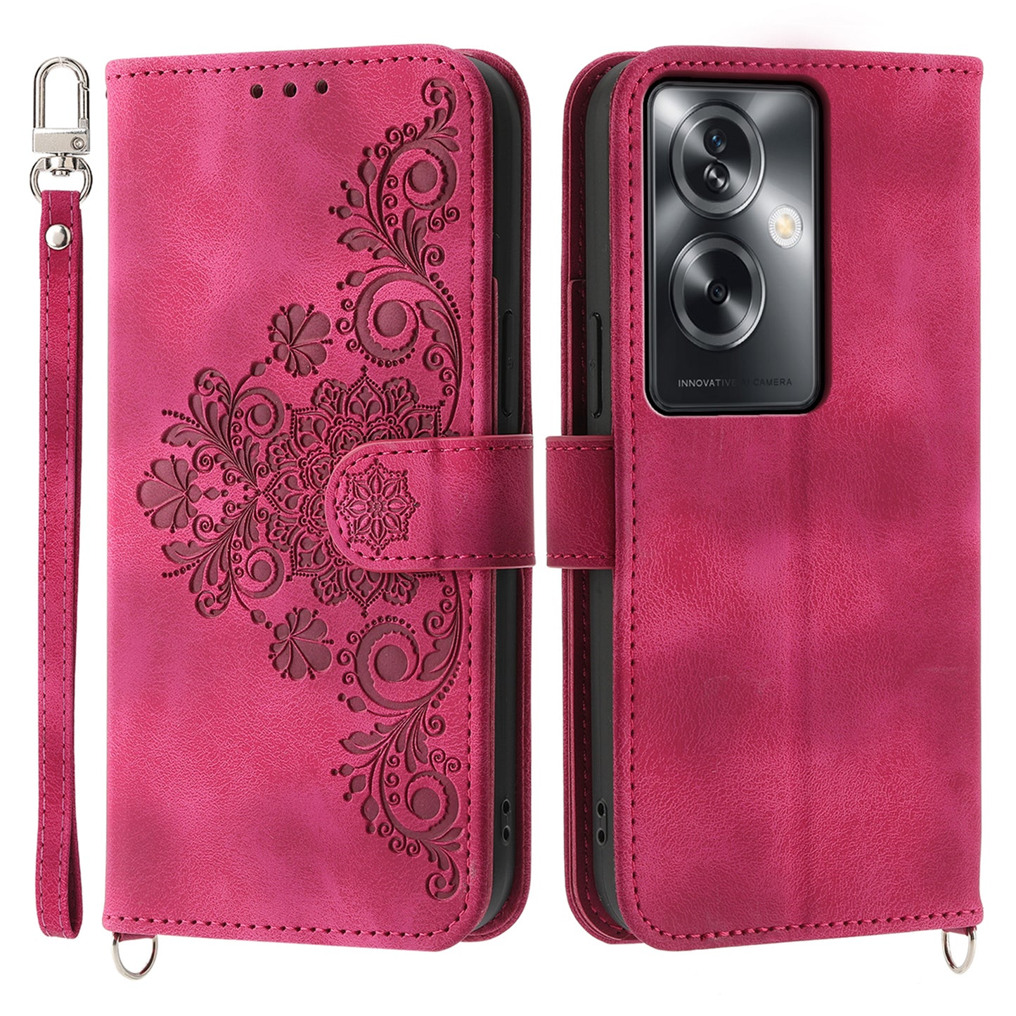 For Oppo A2 5G Wallet Case Flower Pattern PU Leather Wallet Phone Cover with Shoulder Strap - Wine Red