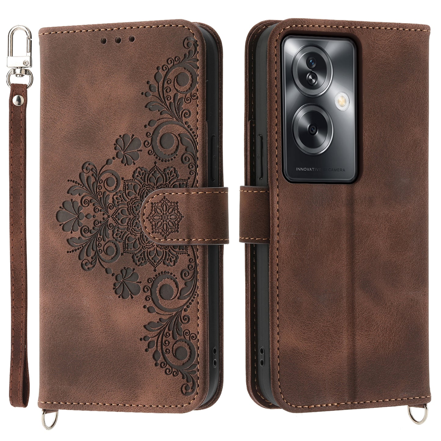 For Oppo A2 5G Wallet Case Flower Pattern PU Leather Wallet Phone Cover with Shoulder Strap - Brown