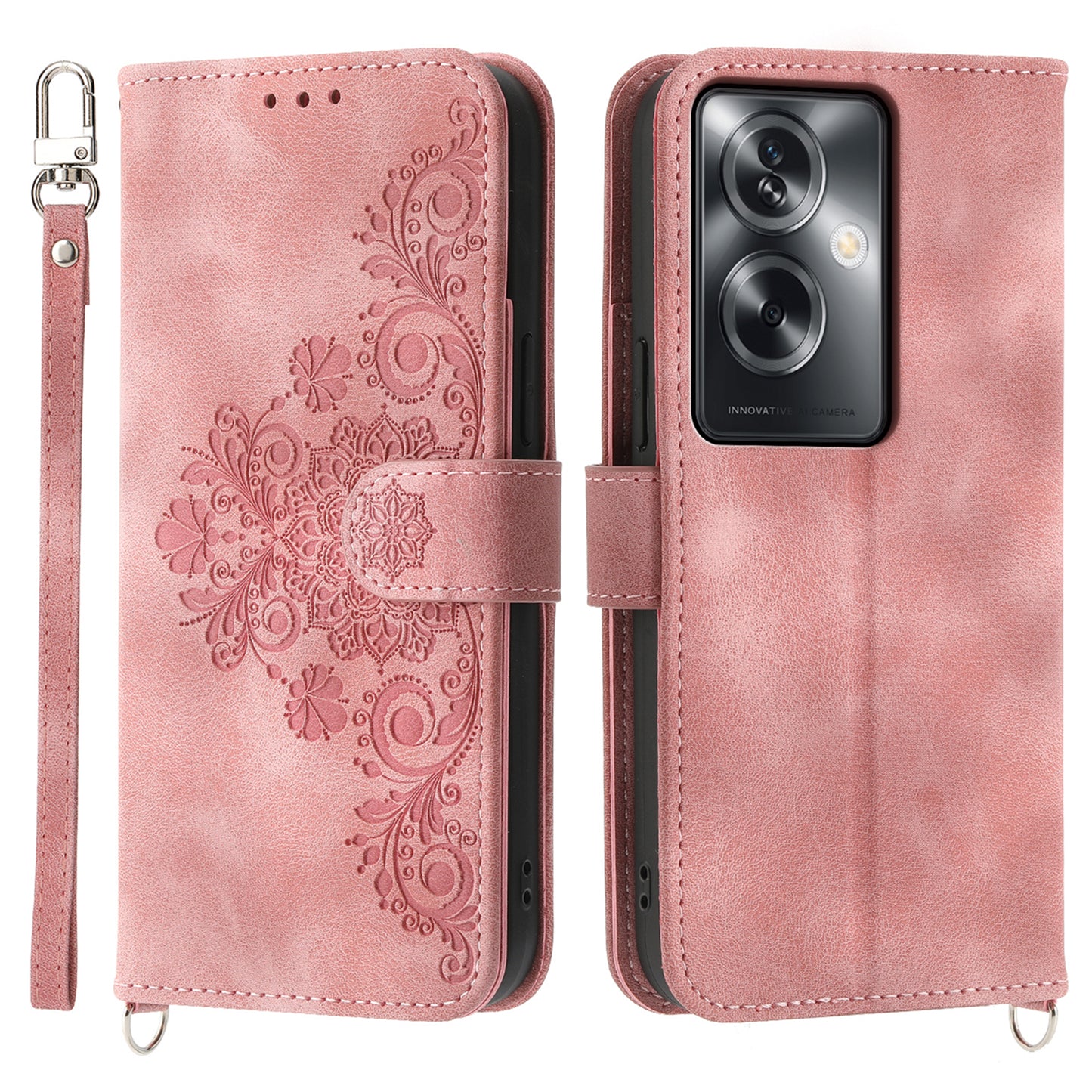For Oppo A2 5G Wallet Case Flower Pattern PU Leather Wallet Phone Cover with Shoulder Strap - Pink