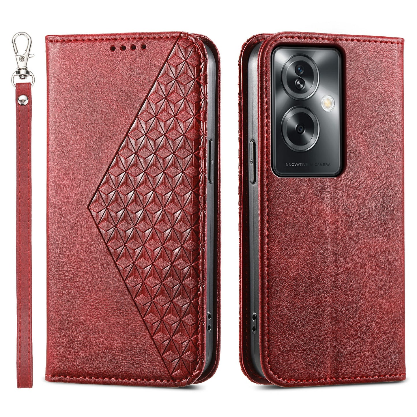 For Oppo A2 5G Case PU Leather Rhombus Imprinted Pattern Wallet Phone Cover - Red