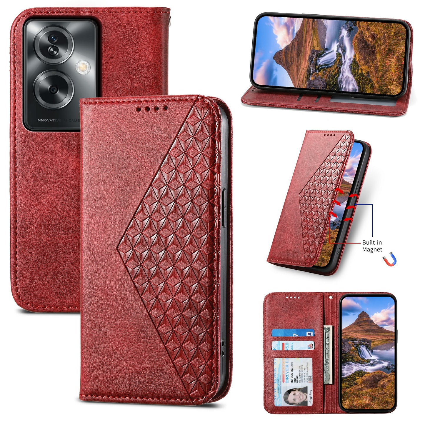 For Oppo A2 5G Case PU Leather Rhombus Imprinted Pattern Wallet Phone Cover - Red