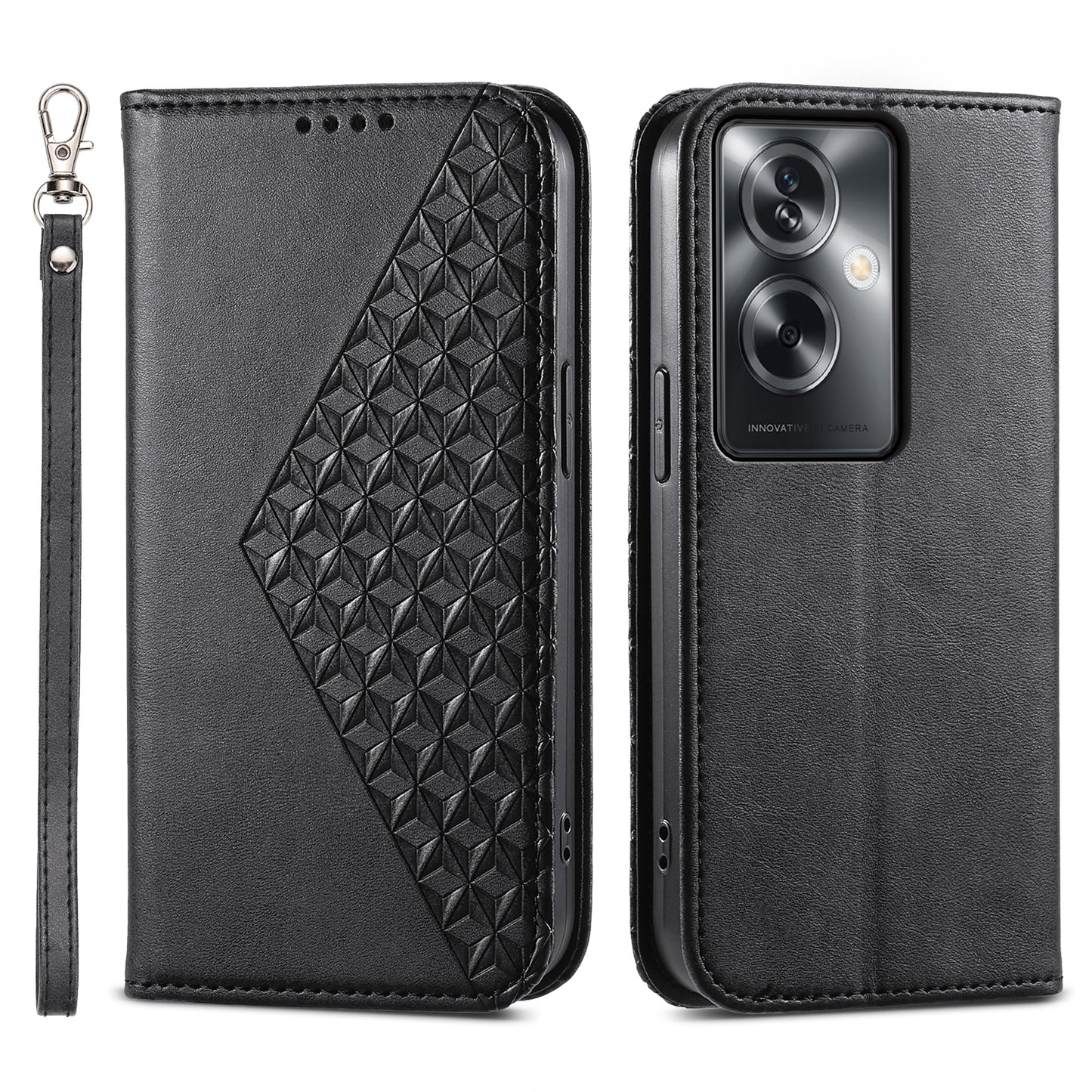For Oppo A2 5G Case PU Leather Rhombus Imprinted Pattern Wallet Phone Cover - Black