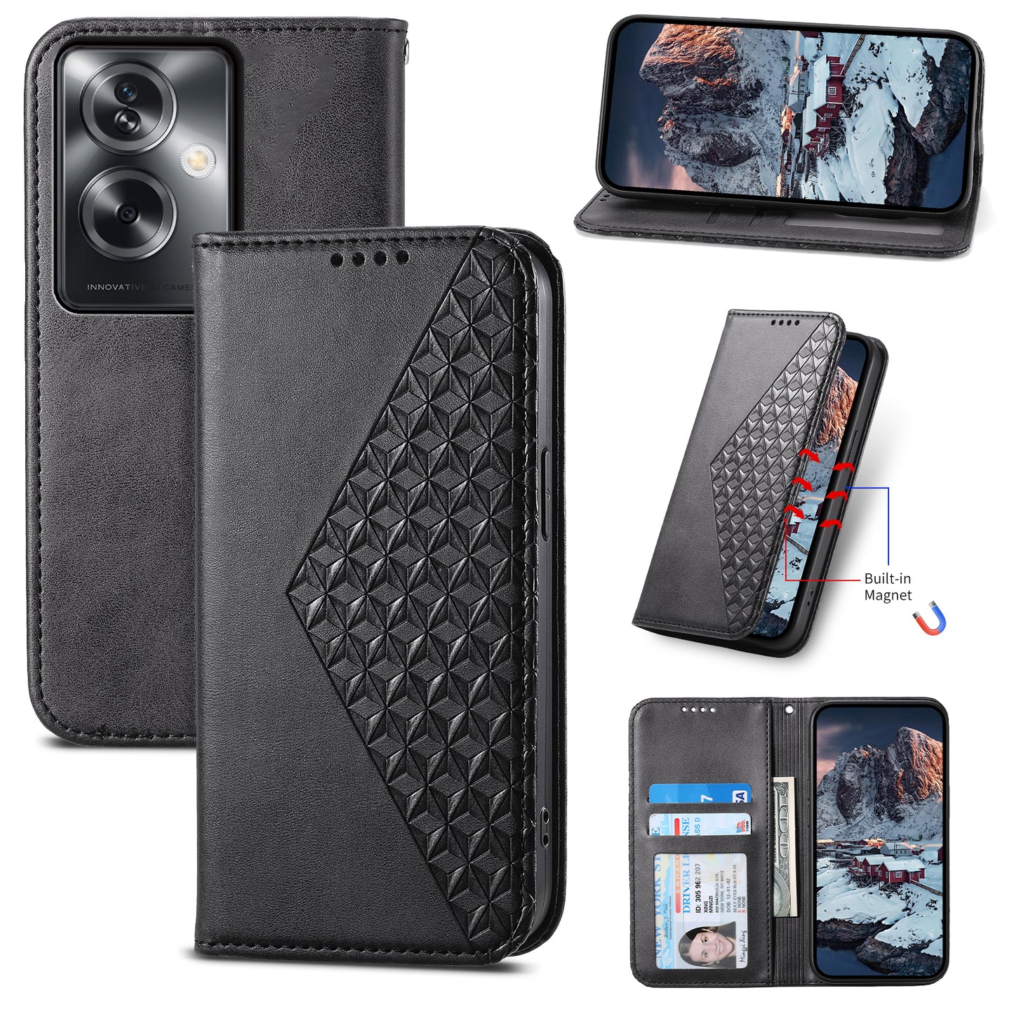 For Oppo A2 5G Case PU Leather Rhombus Imprinted Pattern Wallet Phone Cover - Black