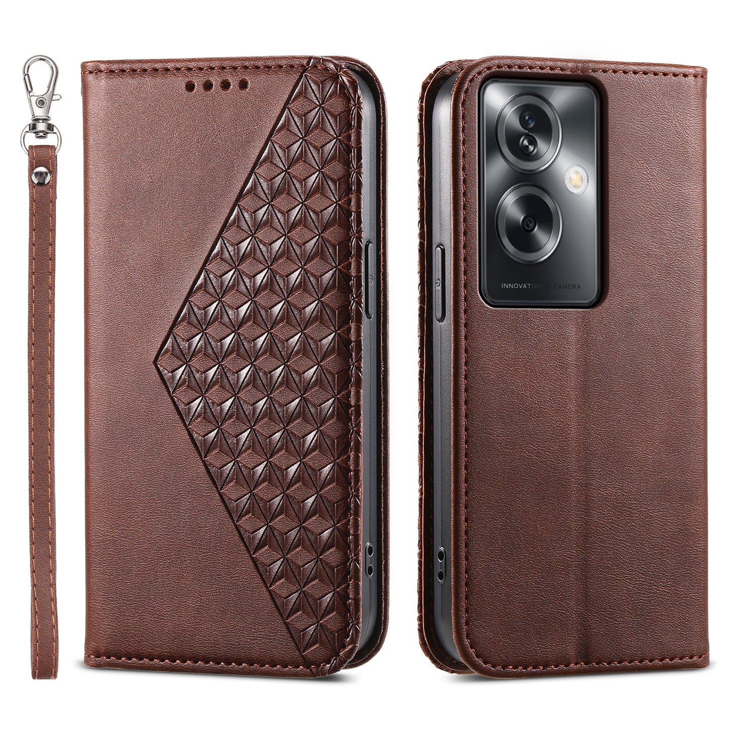 For Oppo A2 5G Case PU Leather Rhombus Imprinted Pattern Wallet Phone Cover - Brown