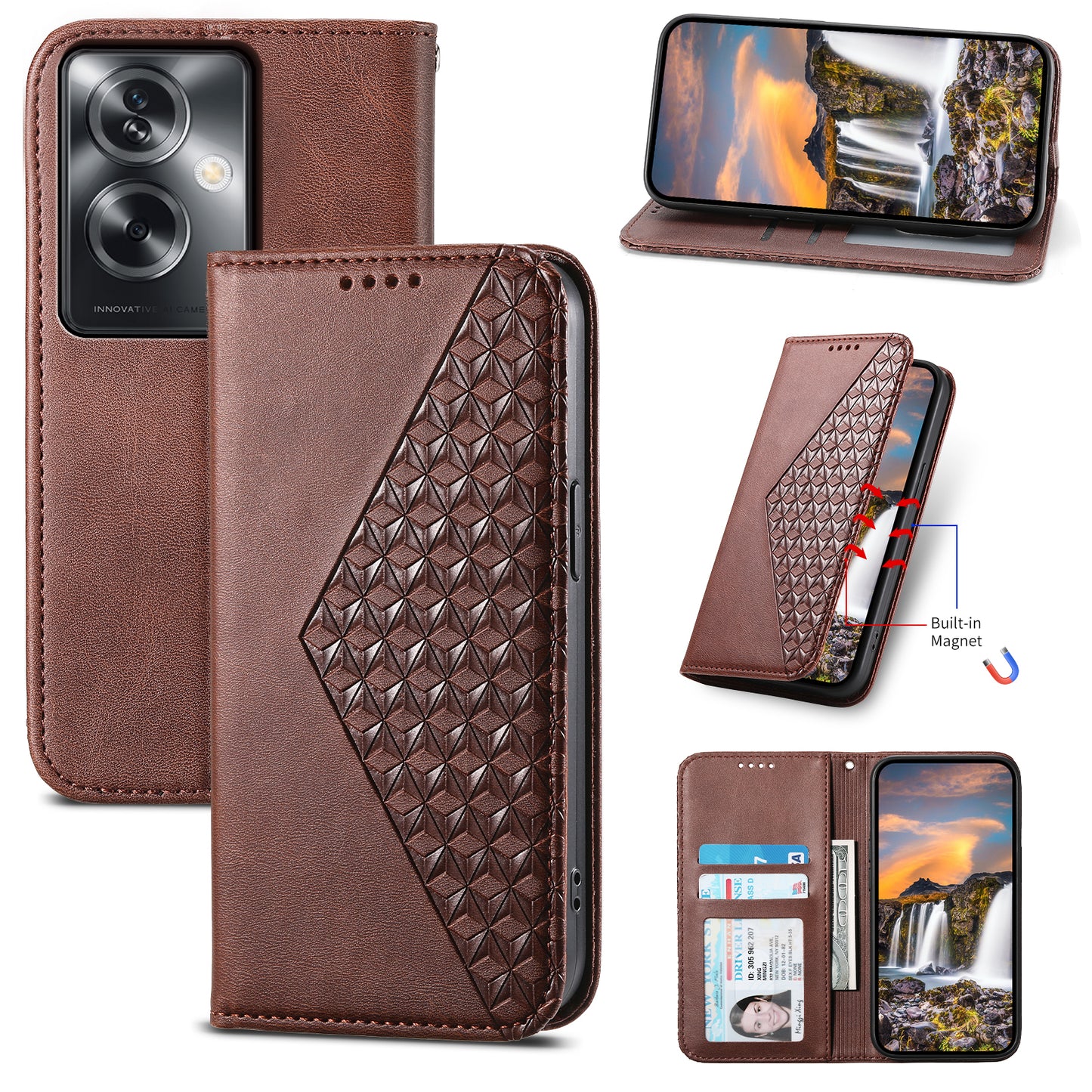 For Oppo A2 5G Case PU Leather Rhombus Imprinted Pattern Wallet Phone Cover - Brown