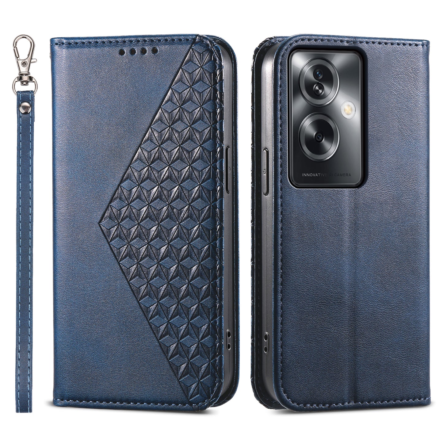 For Oppo A2 5G Case PU Leather Rhombus Imprinted Pattern Wallet Phone Cover - Blue