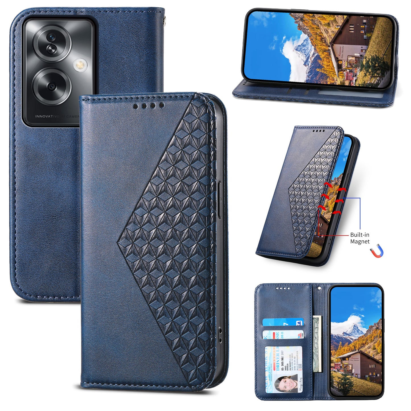 For Oppo A2 5G Case PU Leather Rhombus Imprinted Pattern Wallet Phone Cover - Blue