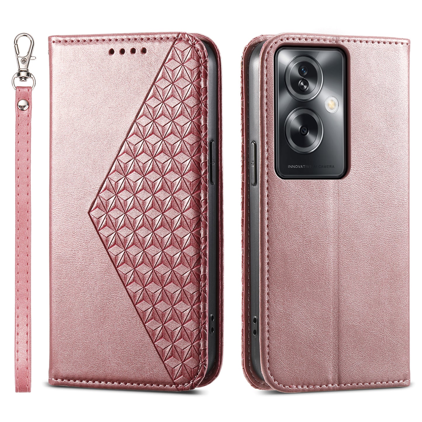 For Oppo A2 5G Case PU Leather Rhombus Imprinted Pattern Wallet Phone Cover - Rose Gold