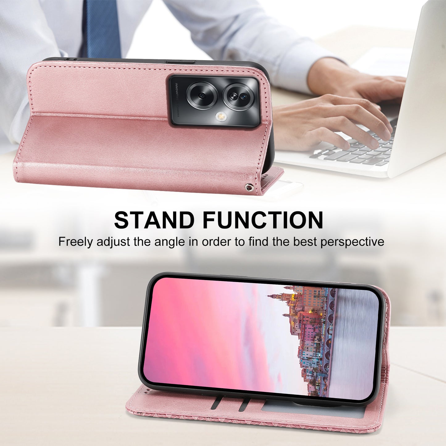 For Oppo A2 5G Case PU Leather Rhombus Imprinted Pattern Wallet Phone Cover - Rose Gold