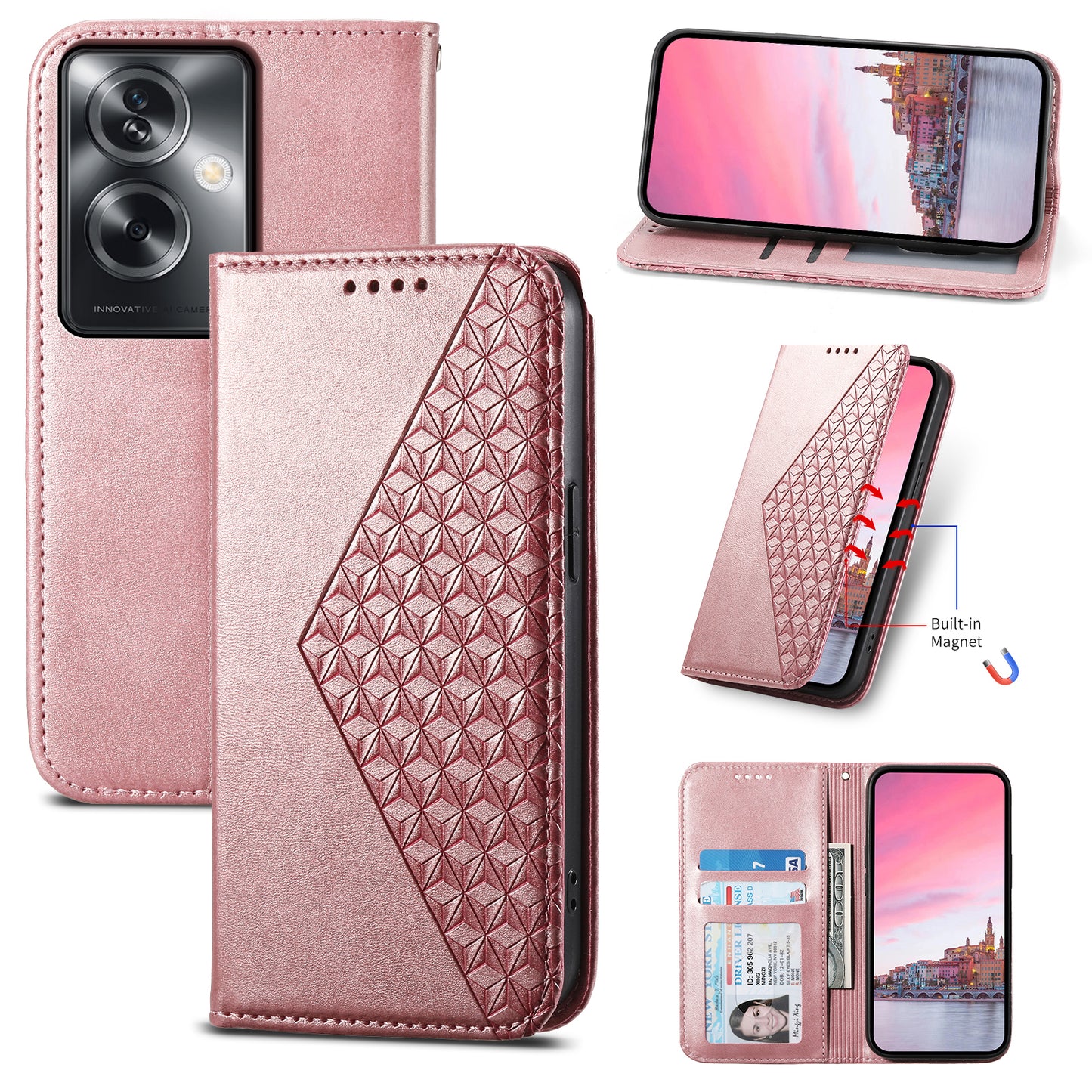 For Oppo A2 5G Case PU Leather Rhombus Imprinted Pattern Wallet Phone Cover - Rose Gold