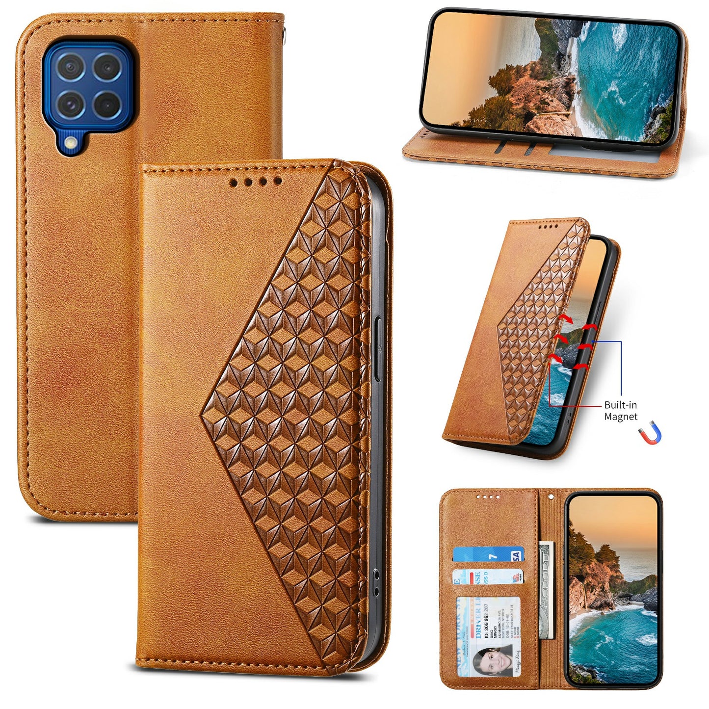 For Samsung Galaxy M62 Wallet Phone Case Rhombus Imprinted Pattern PU Leather Flip Cover - Yellow