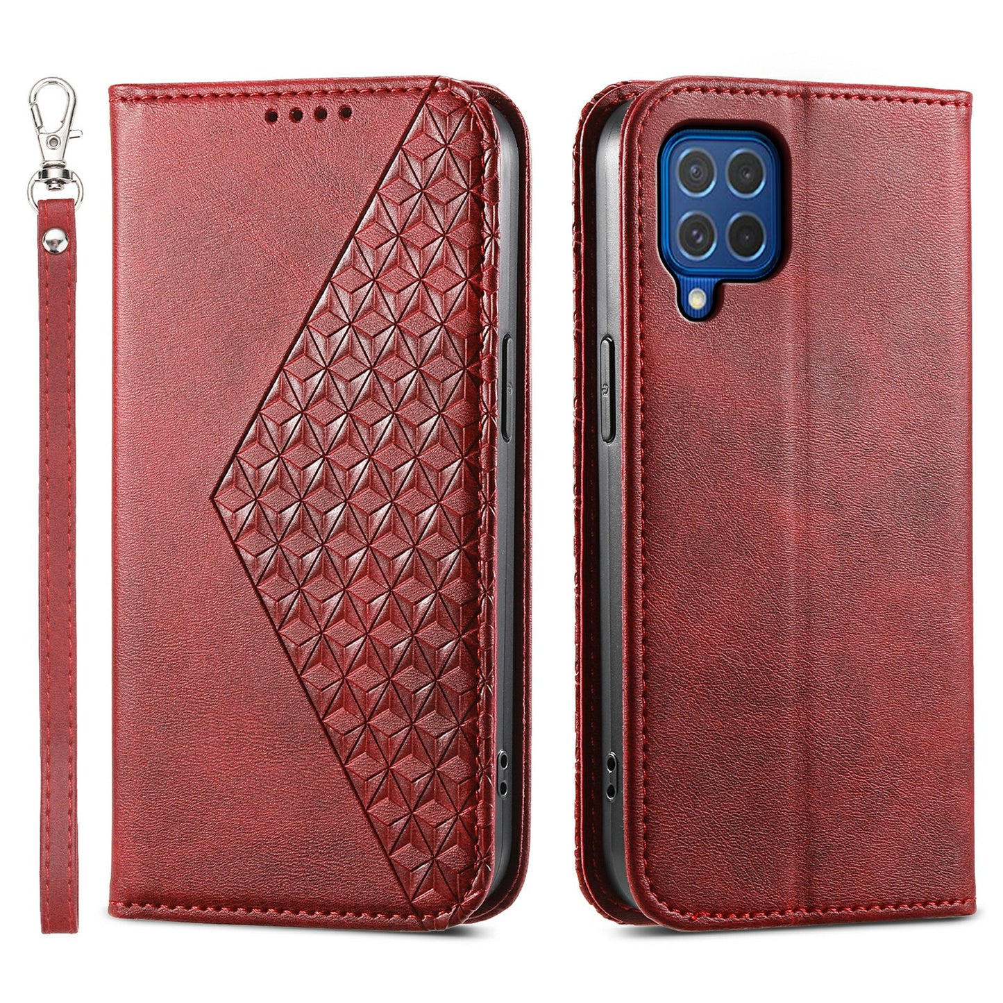 For Samsung Galaxy M62 Wallet Phone Case Rhombus Imprinted Pattern PU Leather Flip Cover - Red