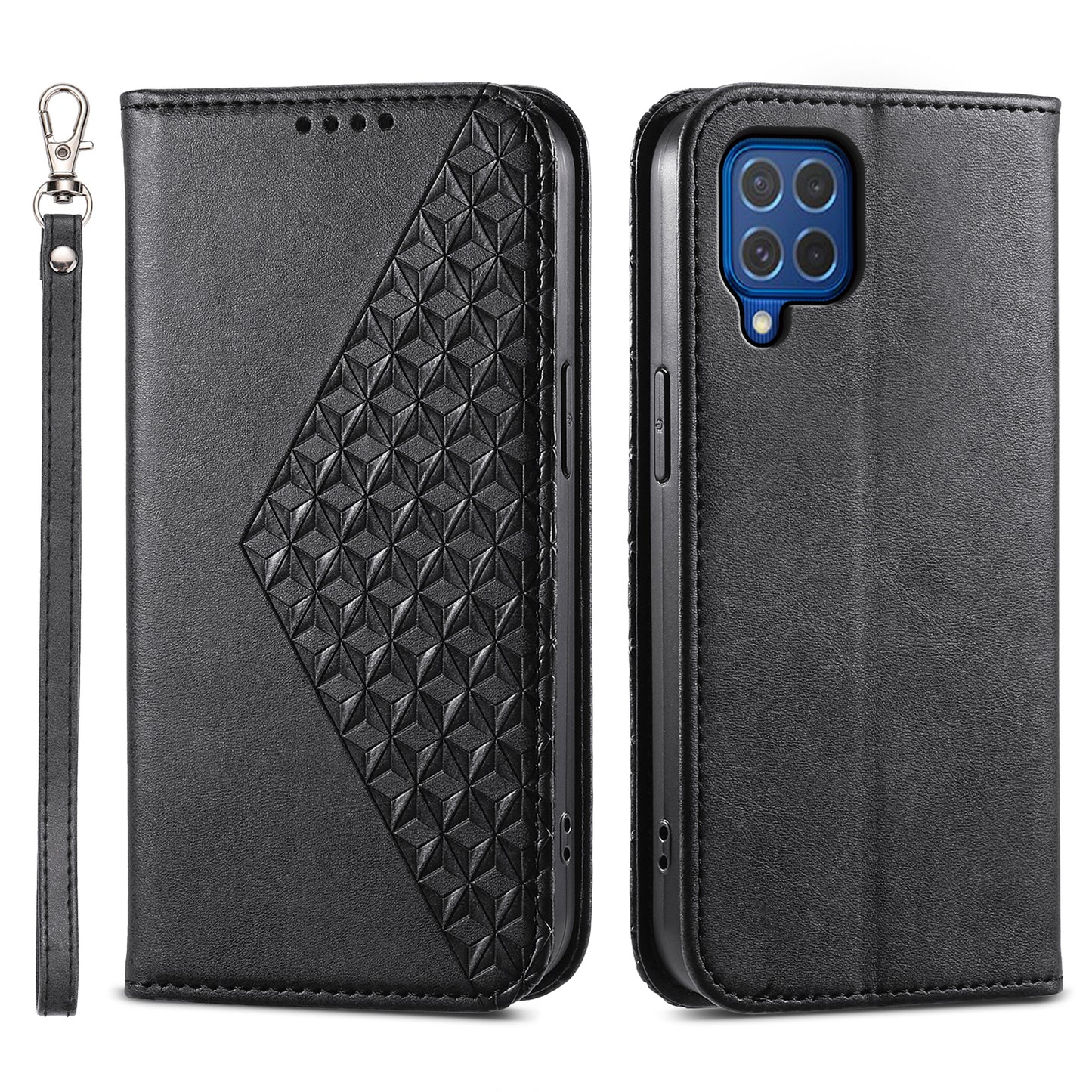 For Samsung Galaxy M62 Wallet Phone Case Rhombus Imprinted Pattern PU Leather Flip Cover - Black