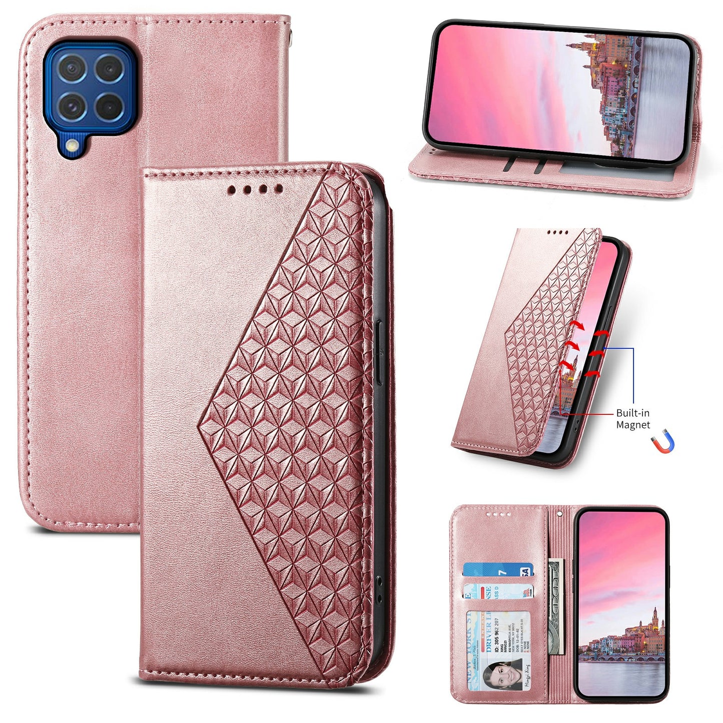 For Samsung Galaxy M62 Wallet Phone Case Rhombus Imprinted Pattern PU Leather Flip Cover - Rose Gold