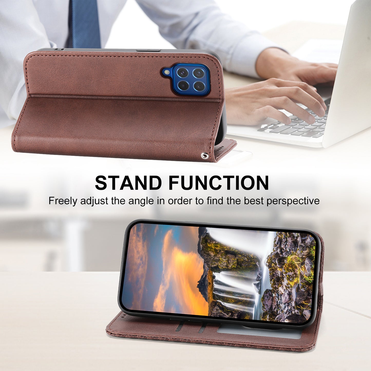 For Samsung Galaxy M62 Wallet Phone Case Rhombus Imprinted Pattern PU Leather Flip Cover - Brown