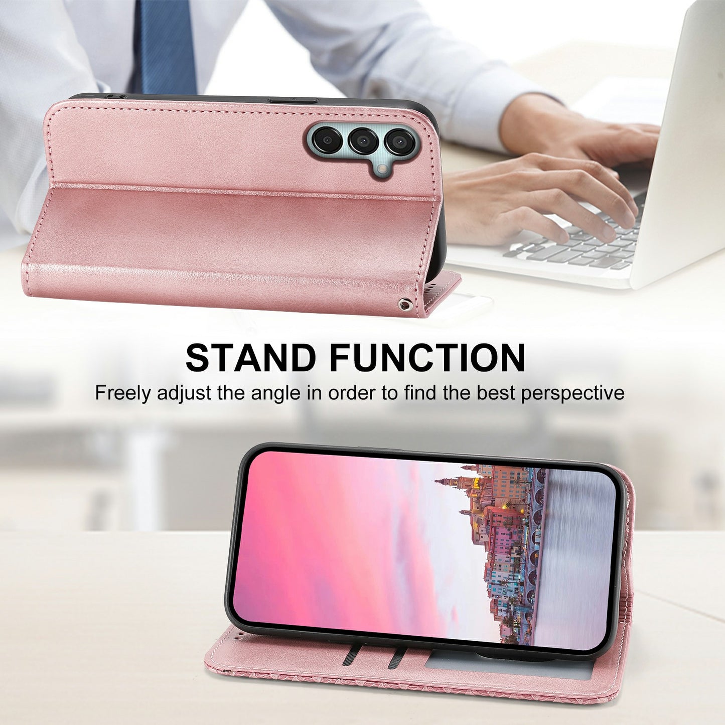 For Samsung Galaxy M15 5G / F15 5G Wholesale Phone Case PU Leather Rhombus Imprinted Pattern Wallet Cover - Rose Gold