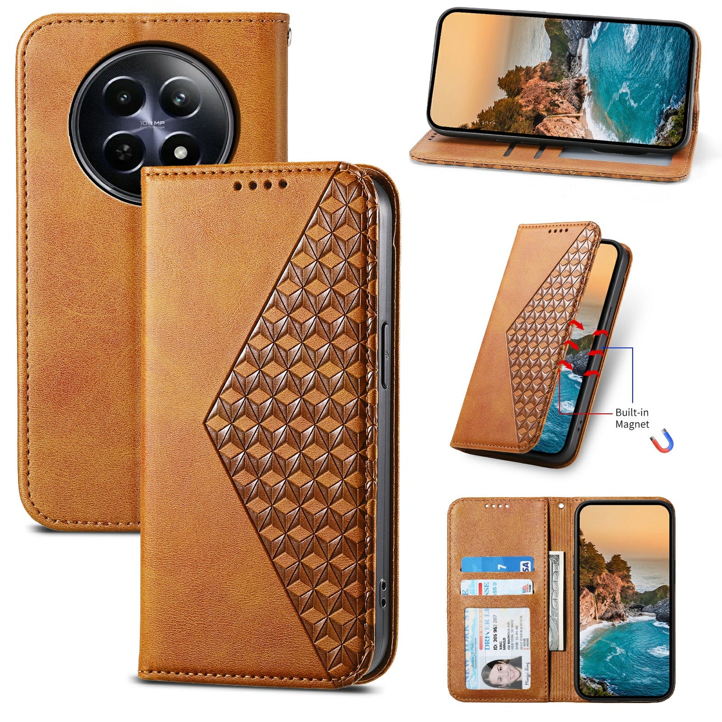 For Realme 12 / 12x 5G Case Rhombus Imprinted Leather Cell Phone Cases Wholesale - Yellow