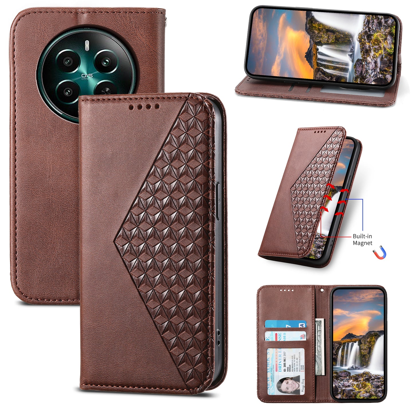 For Realme 12+ 5G / Narzo 70 Pro 5G Wallet Case PU Leather Phone Cover Mobile Accessories Wholesale - Brown