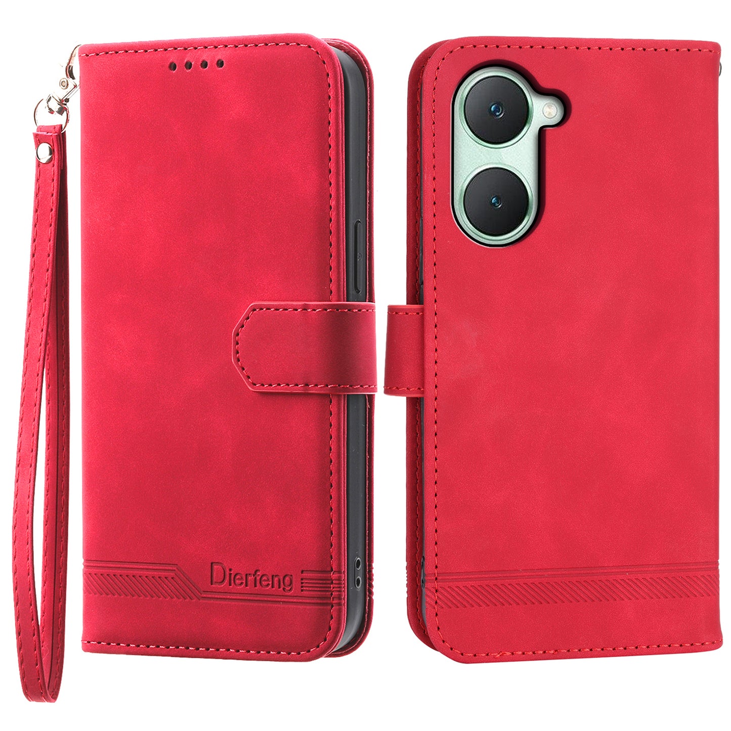 DIERFENG DF-03 Flip Cover for vivo Y03 Shell Lines Imprinted Wallet Stand Mobile Phone Case - Red