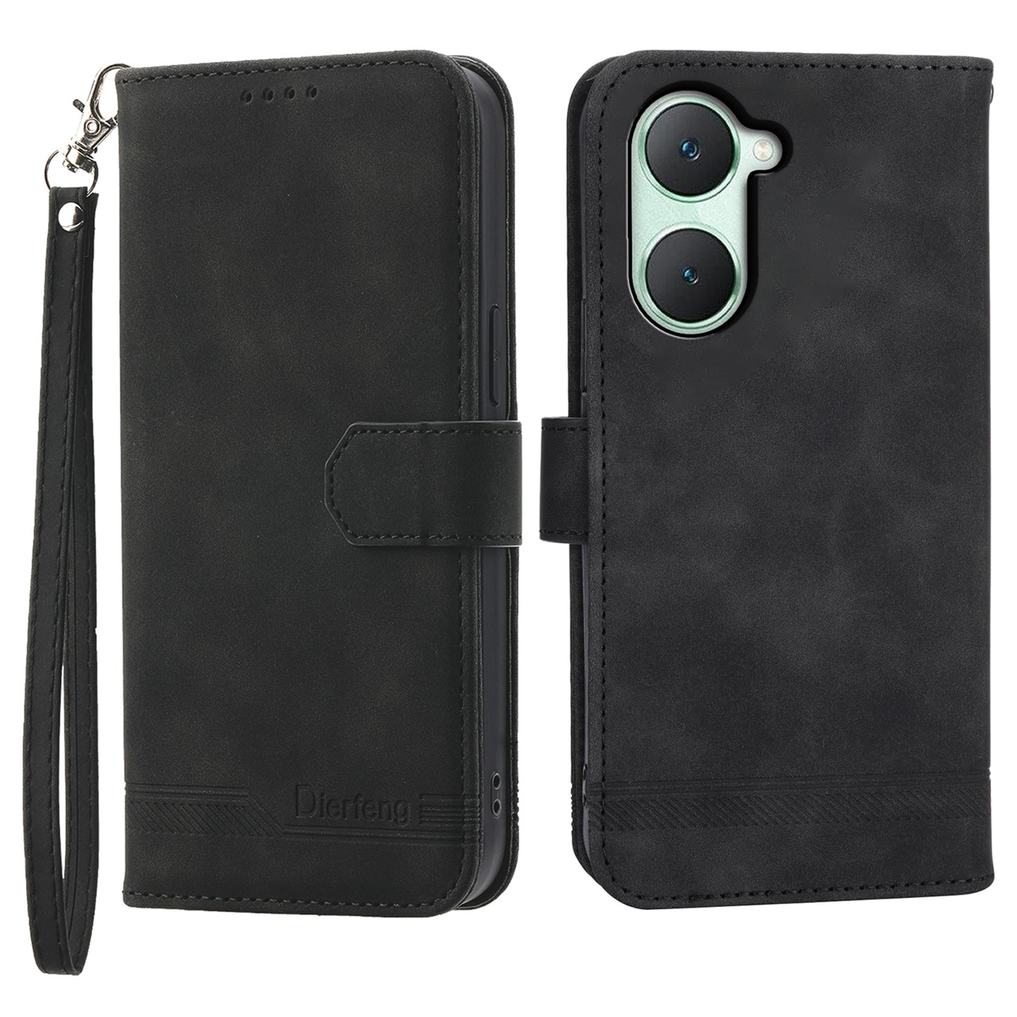 DIERFENG DF-03 Flip Cover for vivo Y03 Shell Lines Imprinted Wallet Stand Mobile Phone Case - Black