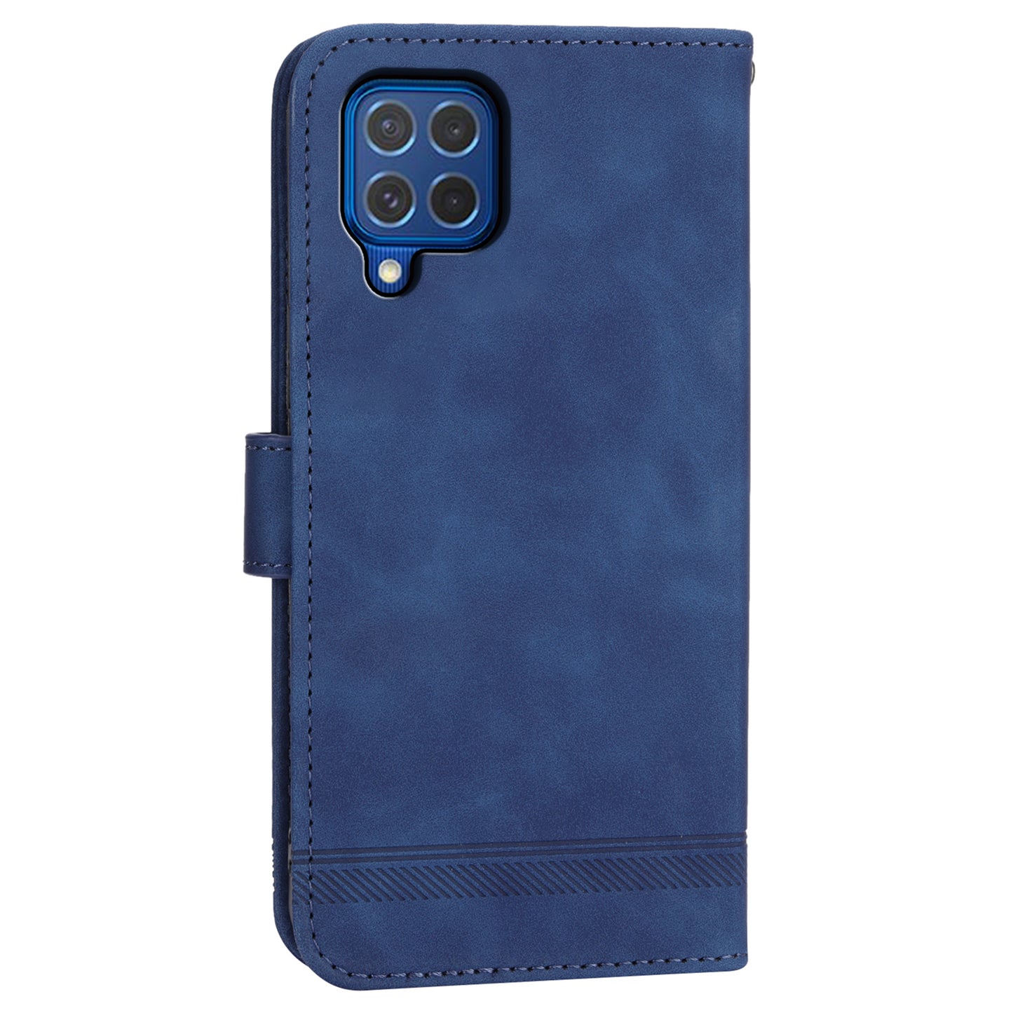 DIERFENG DF-03 Leather Cover for Samsung Galaxy M62 Case Lines Imprinted Wallet Stand Shell - Blue
