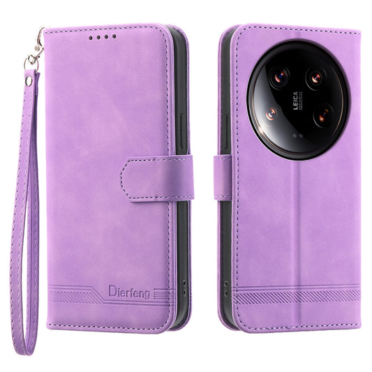 DIERFENG DF-03 Wallet Case for Xiaomi 14 Ultra Phone Shell Lines Imprinted Flip Stand Cover - Purple